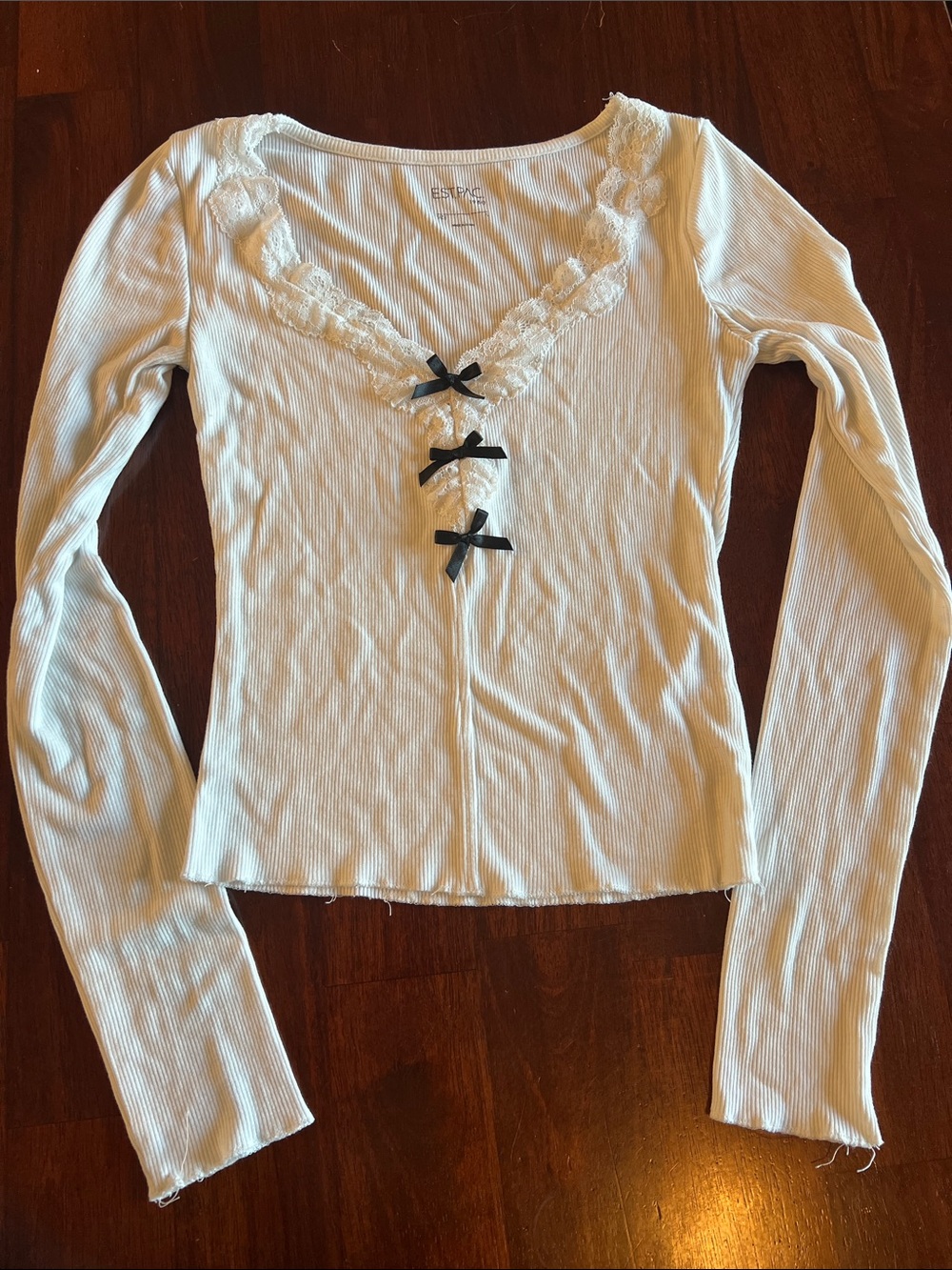 White Ribbed Lace-Trim Long Sleeve Top